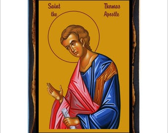 Saint Thomas Apostel Byzantijns icoon - katholieke heilige kaart op handgemaakte houten plaquette