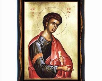San Tommaso Apostolo - Arte Bizantina - Immagine Sacra Cattolica Ortodossa su Targa di Legno Fatta a Mano