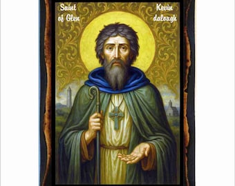 Saint Kevin of Glendalough Icon - Byzantine - Art - Catholic Holy Card on Handmade Wood Plaque