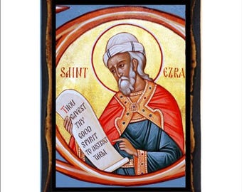 Prophet Ezra Icon - Byzantine Art - Orthodox Catholic Holy Card on Handmade Wood Plaque