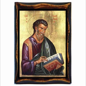 Icono de San Mateo - Arte bizantino - Estampa católica ortodoxa en placa de madera hecha a mano