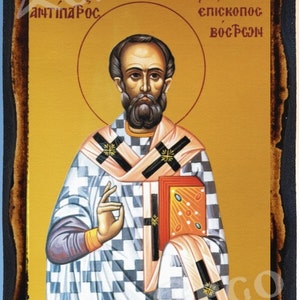 Saint Antipatros Bishop Vostron Greek Orthodox Byzantine Christian Icon on Wood