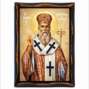 Saint Nectarios - Byzantine Icon - Orthodox Holy Card on Handmade Wood Plaque