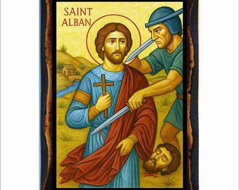 Saint Alban Icon - Byzantine Art - Catholic Holy Card on Handmade Wood Plaque