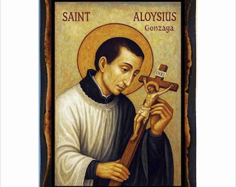San Luis Gonzaga - Icono bizantino - Estampa católica en placa de madera hecha a mano