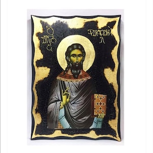 Saint Raphael - San Rafael - Saint Raphael of Lesbos -Raphael of Lesbos Handmade Wood Icon on plaque with physical aging and Golden Leaf 24K