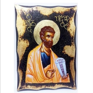 Saint Apostle Peter -Apostle Peter -Saint Peter -Saint Pierre -San Pedro Handmade Wood Icon on plaque with physical aging and GoldenLeaf 24K