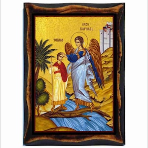Archangel Raphael and Tobias Icon – Angel Protector of Travelers - ByzantineArt – Religious Gift