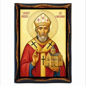 Byzantijns icoon Sint-Augustinus - katholieke heilige kaart op handgemaakte houten plaquette