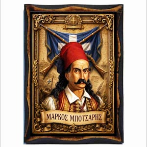 May include: A framed portrait of Markos Botsaris, a Greek military leader. He is depicted wearing a red hat, a white shirt, and a vest with gold accents. The background features Greek flags, rifles, and the text "Markos Botsaris" on a banner.