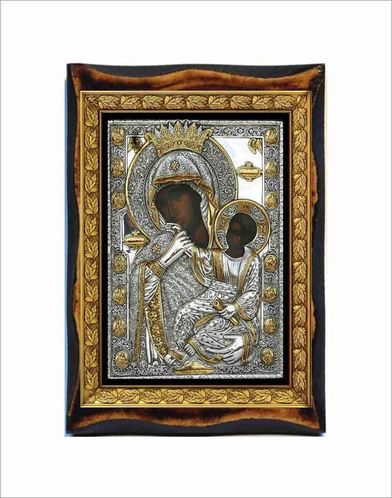 聖母マリア・パラミシアのイコン - ビザンチン美術 - 手作りの木製額縁