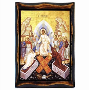 Puede incluir: Un icono que representa la resurrección de Jesucristo. El icono presenta un fondo dorado con un halo azul y blanco sobre Jesús, que asciende al cielo. El icono también presenta varias figuras, incluida la Virgen María, y una cruz con un diseño rojo y naranja.