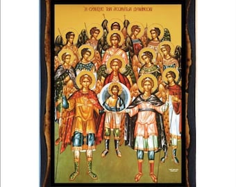 Icono bizantino de los Siete Arcángeles - Estampa católica en placa de madera hecha a mano