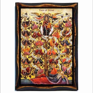 Peut inclure: Icône religieuse encadrée représentant l'Arbre de Jessé. L'œuvre présente un arbre central avec des personnages et du texte sur des rouleaux. Le haut de l'icône comporte des anges. Le cadre est sombre avec un aspect vieilli.