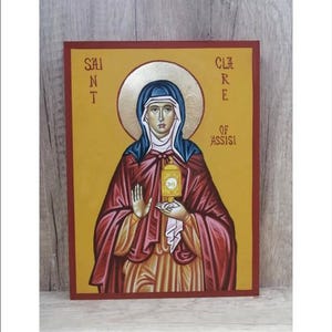 Handgeschilderd pictogram van de heilige Clara van Assisi – katholiek-orthodox-christelijke religieuze kunst op hout