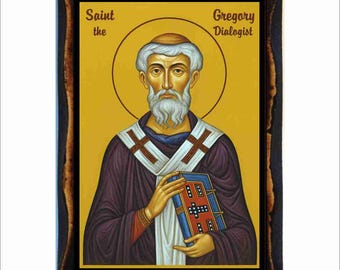 Icono de San Gregorio el Diálogosta - Arte Bizantino - Estampa Católica Ortodoxa en Placa de Madera Hecha a Mano