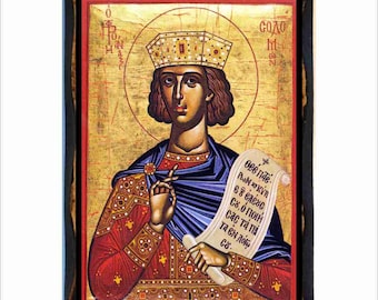 King Solomon - Byzantine Art - Orthodox Catholic Holy Card on Handmade Wood Plaque