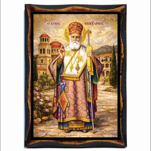 Saint Nectarios Byzantine Icon - Orthodox Holy Card on Handmade Wood Plaque