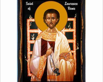 Saint Lawrence  - Byzantine Icon - Catholic Holy Card on Handmade Wood Plaque