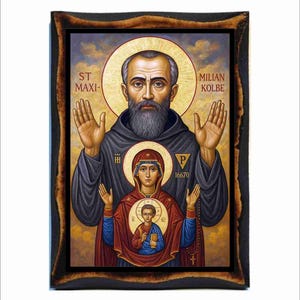 Saint Maximilian Kolbe Icon - Catholic Holy Card on Handmade Wood Plaque