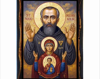 Saint Maximilian Kolbe Icon - Catholic Holy Card on Handmade Wood Plaque