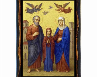 Saints Joachim and Anna - Byzantine Art - Orthodox Catholic Holy Card on Handmade Wood Plaque