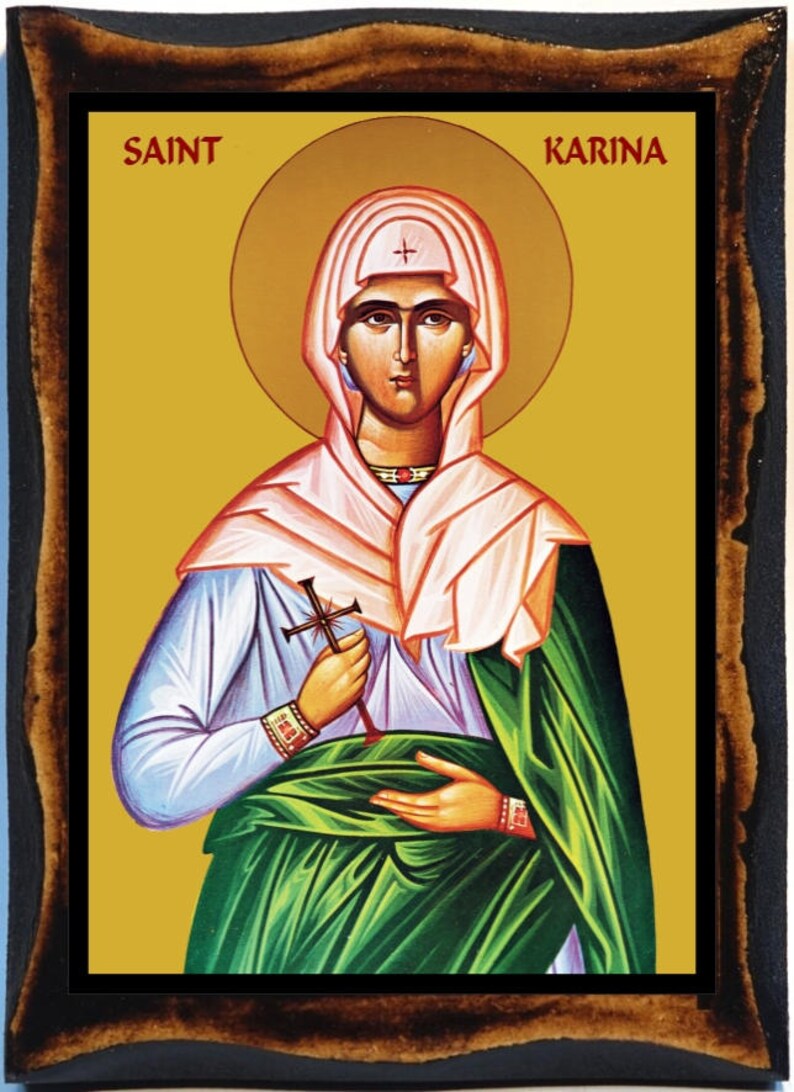Saint Karina Icon - Byzantine Art - Catholic Holy Card on Handmade Wood ...