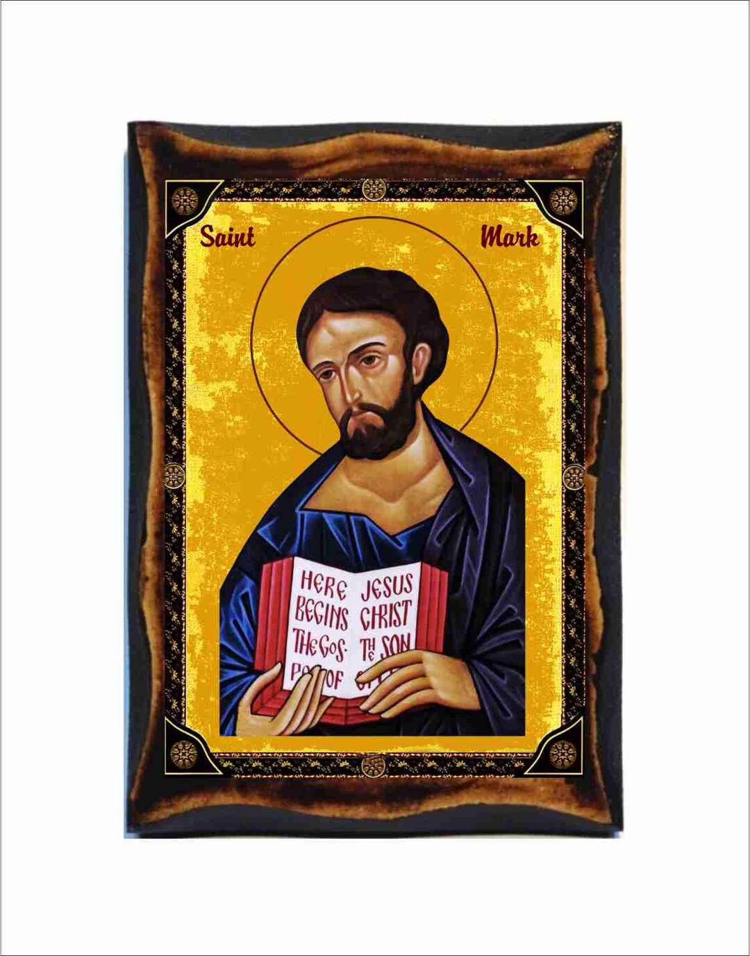 Saint Mark Icon Byzantine Art - Catholic Holy Card on Handmade Wood ...