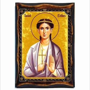 Saint Esther Icon - Catholic Holy Card on Handmade Wood Plaque