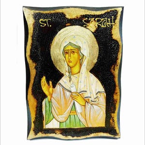Saint Sarah - Santa Sara - Sara - Sarai - Sarah - Sarra - Sfânta Sara  Handmade Wood Icon on plaque with physical aging and Golden Leaf 24K