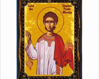 Saint Stephen - Byzantine Art - Orthodox Catholic Holy Card on Handmade Wood Plaque