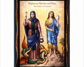 Sante Maria e Marta di Betania - Immagine sacra cattolica ortodossa su targa di legno fatta a mano