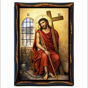 Ecce homo - Icona di Cristo Sposo - Arte Bizantina - Immagine Sacra su Targa di Legno Fatta a Mano