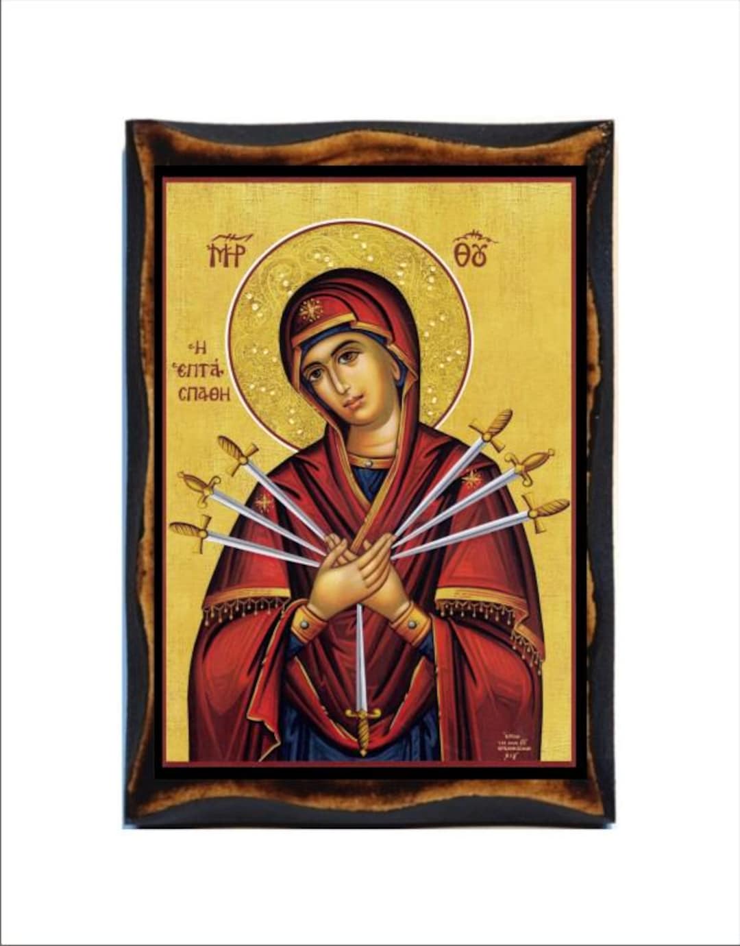 Our Lady of Sorrows Icon - Orthodox Catholic Holy Card on Handmade Wood ...
