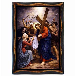 Via Dolorosa - Veronica wipes the face of Jesus Icon - Holy Card on Handmade Wood Plaque