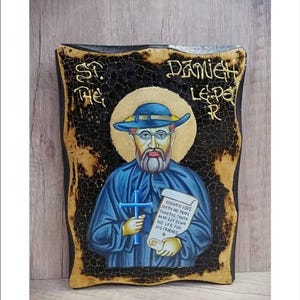 Father Damien - Saint Damien of Molokai - Saint Damien De Veuster Handmade Wood Icon on plaque with physical aging and Golden Leaf 24K