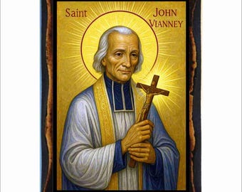 Saint John Vianney Icon - Byzantine Art - Catholic Holy Card on Handmade Wood Plaque