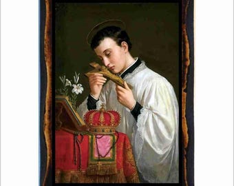 San Luis Gonzaga - Icono bizantino - Estampa católica en placa de madera hecha a mano