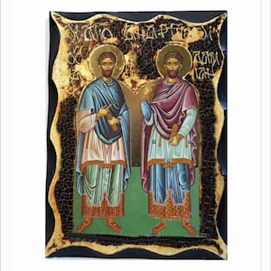 Holy Unmercenaries - Cosmas and Damian - Cosma și Damian - Côme et Damien - Handmade Wood Icon on plaque with physical aging Golden Leaf 24K