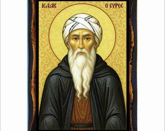 Izaäk de Syriër - Byzantijnse kunst - orthodox-katholieke heilige kaart op handgemaakte houten plaquette