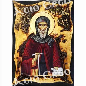 Anthony the Great - Saint Anthony - Antonio abate - Antoine le Grand - Handmade Wood Icon on plaque with physical aging and Golden Leaf 24K
