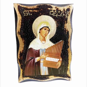 Saint Cecilia Virgin and Martyr - Cecilia of Rome - Santa Cecilia -Cécile de Rome Handmade Wood Icon with physical aging and Golden Leaf 24K