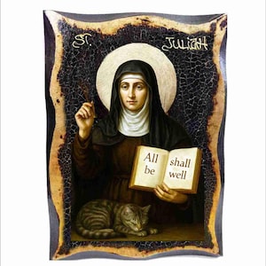 ノーウィッチの聖ジュリアンのアイコン、24K金箔を施した手作りの木製プレート