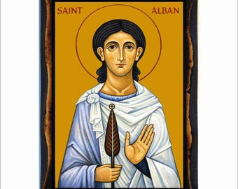 Saint Alban Icon - Byzantine Art - Catholic Holy Card on Handmade Wood Plaque