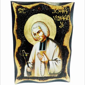 Saint John Vianney - Giovanni Maria Vianney - Jean-Marie Vianney - Handmade Wood Icon on plaque with physical aging and Golden Leaf 24K