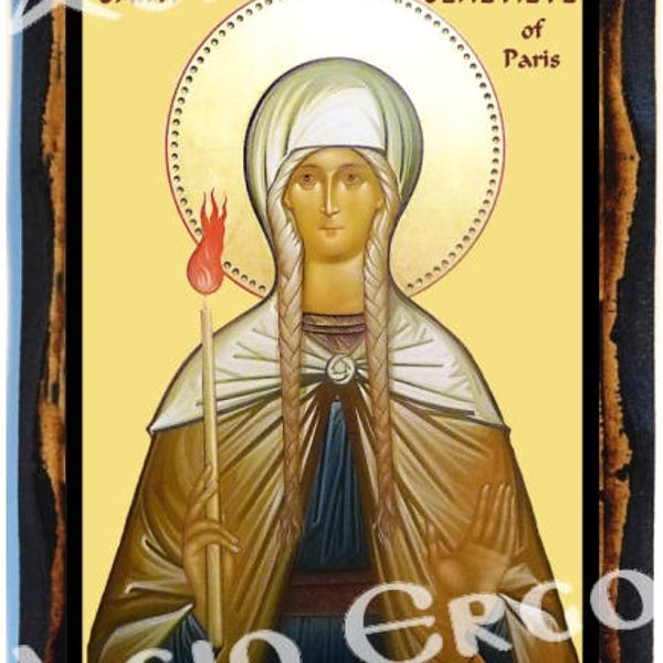 Saint Genevieve patron of Paris Roman Catholic Christian Handmade wood icon on plaque