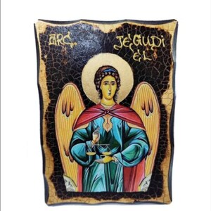 Archangel Jegudiel -Saint Iehudiel-Iehudiel-Geudiele -Jéhudiel-Jegudiel Handmade Wood Icon on plaque with physical aging and Golden Leaf 24K