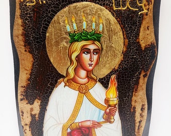 Santa Lucy de la Virgen de Siracusa y Mártir - Santa Lucía de Siracusa icono de madera hecho a mano en placa con envejecimiento físico y hoja de oro 24K