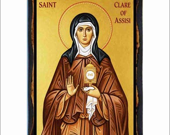 Icono de Santa Clara de Asís - Arte bizantino - Estampa religiosa católica en placa de madera hecha a mano