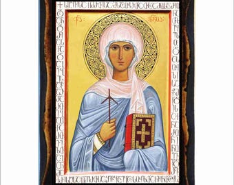 Nino of Georgia Icon - Byzantine Art - Orthodox Catholic Holy Card on Handmade Wood Plaque